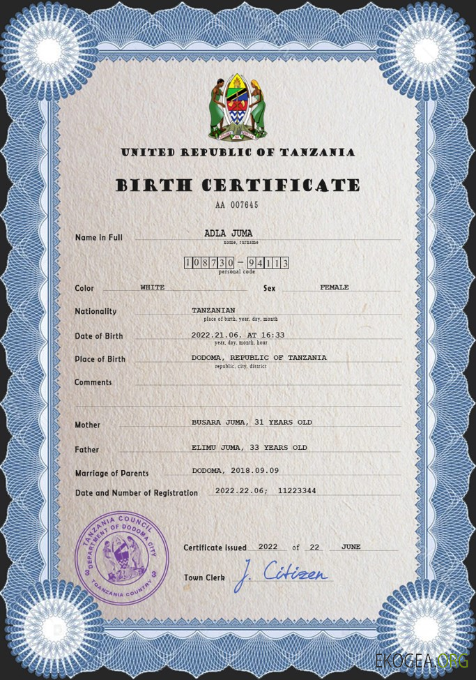 Modèle PSD de certificat de naissance en Tanzanie
